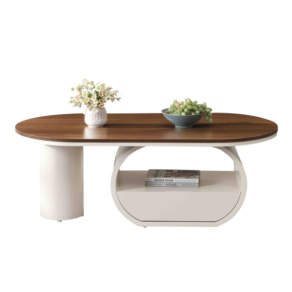 English Elm Luxury Oval Coffee Table with Drawer 47.24" — Sturdy White Metal Frame, Adjustable Feet, 110lb Capacity W821S00032