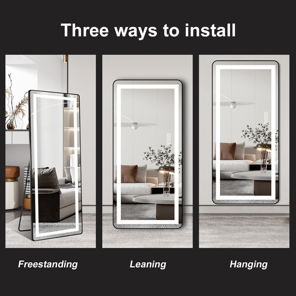 English Elm 64 64 inch x 21 inch LED Full-Length Mirror with Adjustable Stand & Wall Mount, 3-Temp Dimmable Black W2709P305306