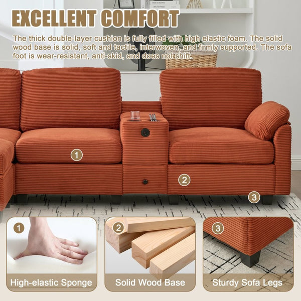 English Elm United Corduroy L-Shaped 4-Seater Sofa With Usb, Cup Holders & Storage Ottoman - Perfect For Apartments! W1568S00225-GIGA