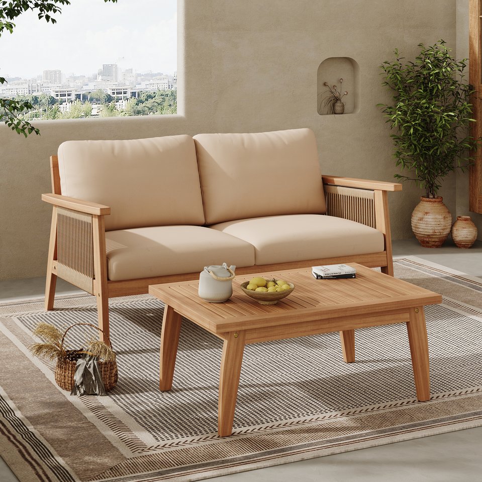 English Elm Christopher Knight Home® - Outdoor Acacia Wood and Rope 2-Piece Patio Chat Set Teak Beige — Weatherproof Cushions, Durable Design N757P238679B
