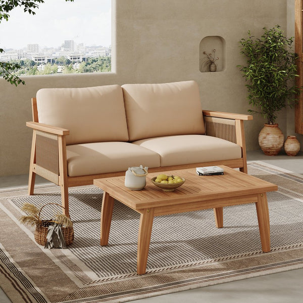English Elm Christopher Knight Home® - Outdoor Acacia Wood and Rope 2-Piece Patio Chat Set Teak Beige — Weatherproof Cushions, Durable Design N757P238679B