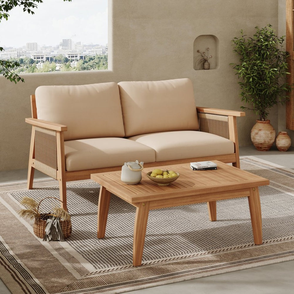 English Elm Outdoor Acacia Hardwood Rope Weave Patio Chat Set with Deep Cushioned Seating N757P408833B