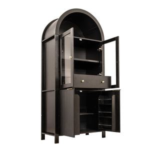English Elm 71" Fluted Tall Arched Pantry Cabinet with Tempered Glass Door, Adjustable Shelves, Silent Drawer, Anti-Tip Safety and Stylish Metal Handles for Kitchen Living Dining Black W2917P384705
