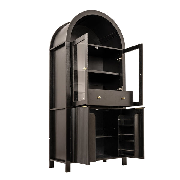 English Elm 71" Fluted Tall Arched Pantry Cabinet with Tempered Glass Door, Adjustable Shelves, Silent Drawer, Anti-Tip Safety and Stylish Metal Handles for Kitchen Living Dining Black W2917P384705