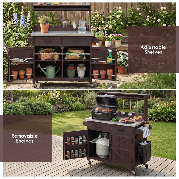 English Elm K&k Solid Fir Grill Cart Stainless Steel Top Outdoor Kitchen Station with Locking Wheels Brown N707P409087Z
