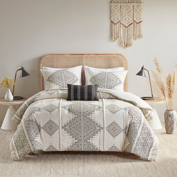 JLA Home Madison Park - 4 Boho-Inspired Printed Comforter Set with Microfiber, OEKO-TEX Fabric, Neutral Geometric Style 90 L x 90 W x 1.5H MP10-8337