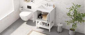 English Elm 24" Morandi White Bathroom Vanity with Ceramic Sink, Solid Wood Frame & Open Shelf, Modern Elegance N725P189823K