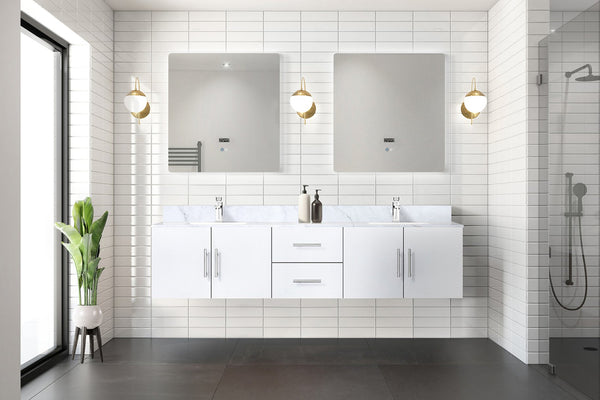 English Elm Glossy White Double Bath Vanity 80" W x 22" D with Carrara Marble Top, Soft-Close Drawers & Chrome Faucet Set B2731P258737