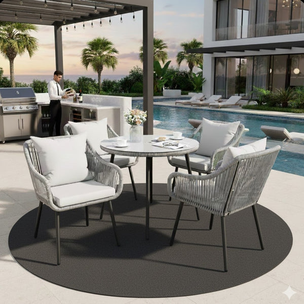 English Elm 5-piece Outdoor Wicker Patio Dining Set with Tempered Glass Table and Umbrella Hole Light Gray B082S00065