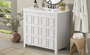 English Elm 36" Bathroom Vanity Organizer with Ceramic Sink, Solid Wood Distressed Finish, Hand-Painted Charm and Ample Storage Antique White N729P255666K