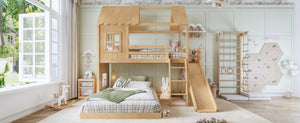 English Elm Twin Over Full Playhouse Bunk Bed with Slide Ladder Storage Shelves and Wardrobe W5305S00040