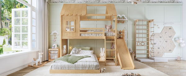 English Elm Twin Over Full Playhouse Bunk Bed with Slide Ladder Storage Shelves and Wardrobe W5305S00040