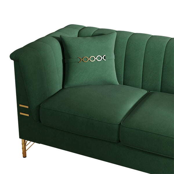 English Elm Fx-P82-Gr3 Modern Velvet Green Chesterfield 3-Seater Sofa With 2 Pillows - Stylish Comfort For Living Room W576S00219