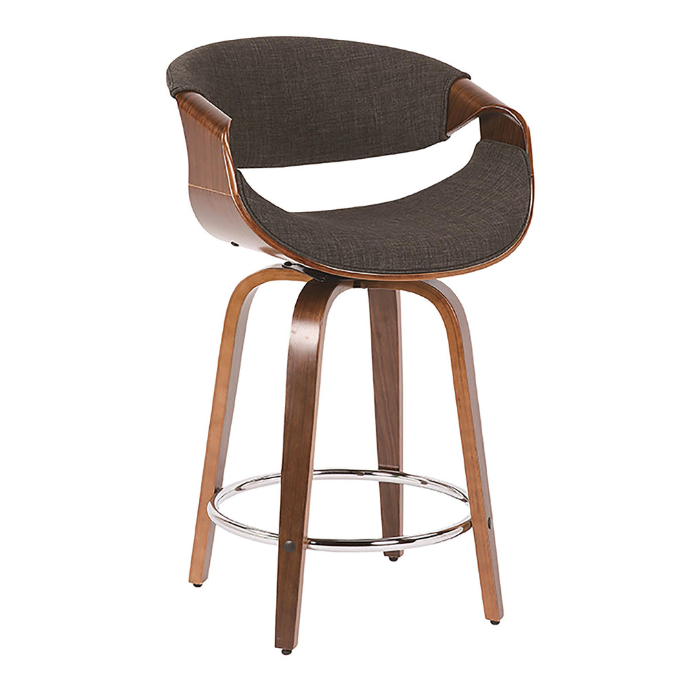 English Elm Curvini Mid-Century Counter Stool Set of 2 – Walnut Frame, Charcoal Fabric, Swivel Seat & Arms B202S00028