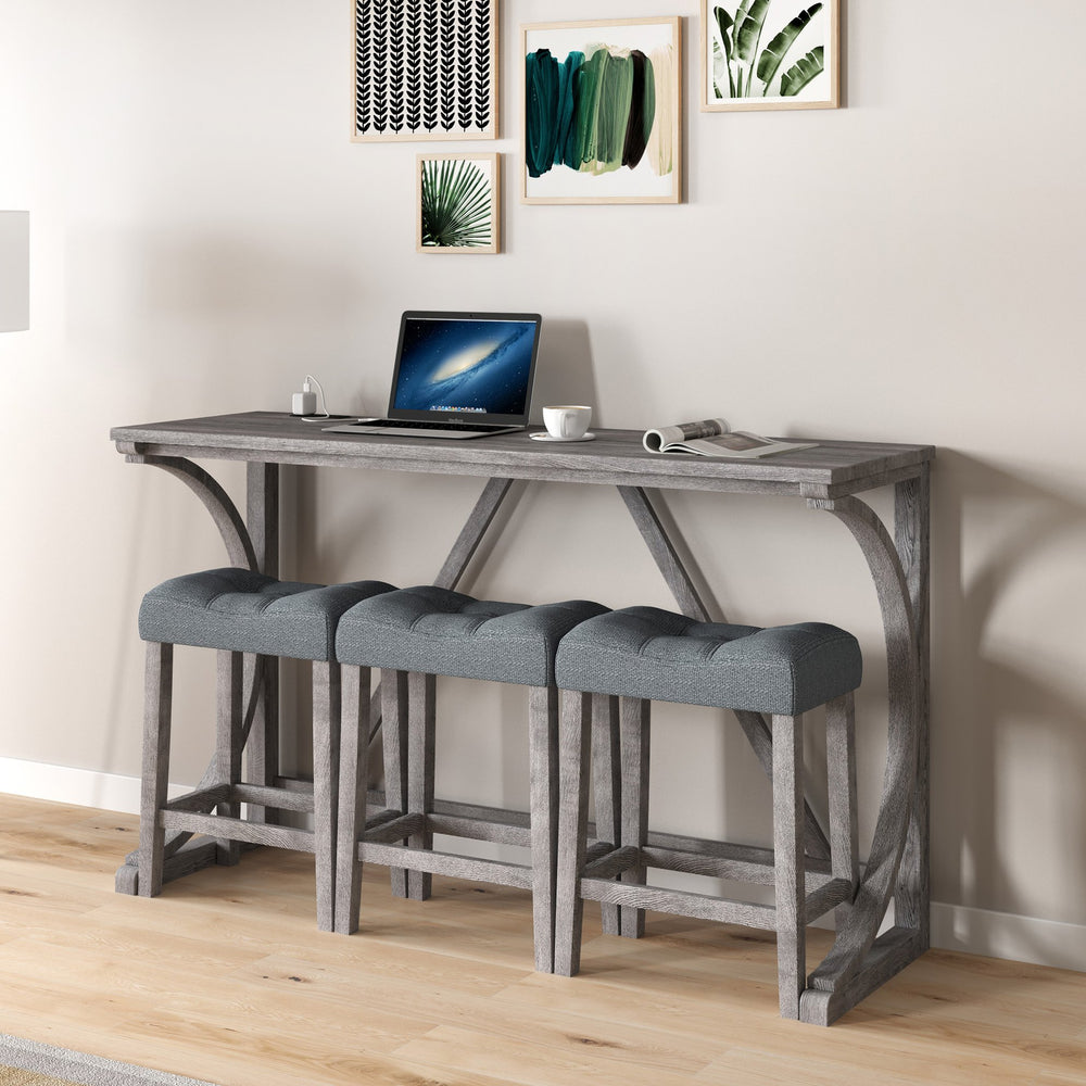 English Elm Bar Industrial Bar Table Set with Power Outlet and Upholstered Chairs, Space-Saving Dining Hub Gray W487P333507
