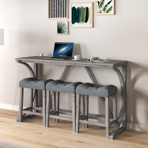 English Elm Bar Industrial Bar Table Set with Power Outlet and Upholstered Chairs, Space-Saving Dining Hub Gray W487P333507