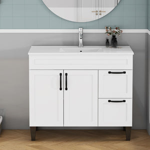 English Elm 39.4-inch White Bathroom Vanity with Sink Soft Close Doors Deep Drawers Black Hardware W3151S00076