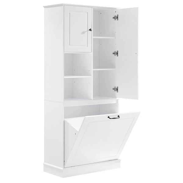 English Elm Tall Storage Cabinet with Flip-Out Basket, Adjustable Shelves & Aluminum Handles for Organized Living White N725P322739K
