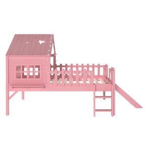 English Elm Twin Playhouse Loft Bed Solid Pine Frame with Slide Led Lights and Star Roof Pink W5316S00006