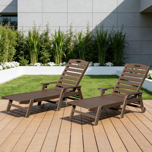 English Elm Patio Hdpe Chaise Lounge Outdoor Reclining Poolside Chair with Built-in Cup Holder Brown W1859P478597
