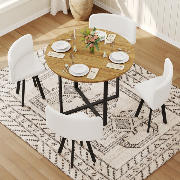 English Elm 5 Piece Round Faux Marble Dining Set with Pu Leather Chairs for Small Apartments White,Wood W3875S00085