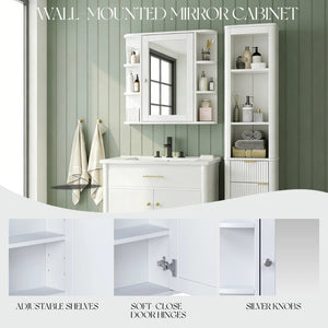 English Elm Bathroom Wall Cabinet with Mirror Door Open Shelving and Adjustable Interior Storage White N817P375228W