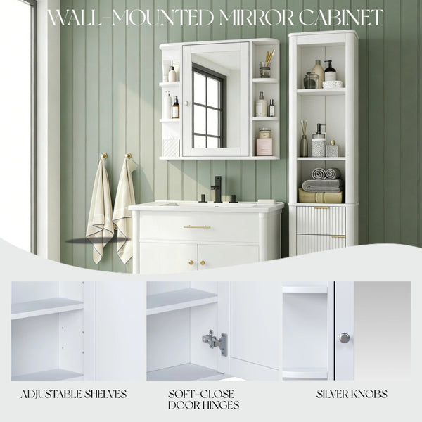 English Elm Bathroom Wall Cabinet with Mirror Door Open Shelving and Adjustable Interior Storage White N817P375228W