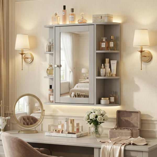 English Elm Bathroom Wall Cabinet with Mirror Door Open Shelving and Adjustable Interior Storage Gray N817P375228G