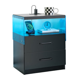 English Elm Nightstand with LED Lights and Adjustable Colors, Modern Bedside Table with Power Outlets & Drawers Black 22 L x 8 W x 18 H W2178P252968