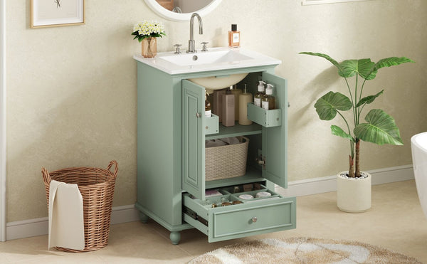 English Elm 24'' French Style Bathroom Vanity with Ceramic Sink Soft Close Cabinet and Drawer Green N710P411227F
