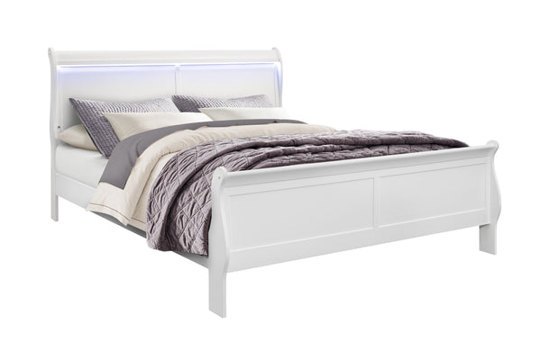 English Elm CHARLSTON Solid Wood Full Sleigh Bed with LED Headboard, Transitional Panel Design, Durable Finish White King B201S00007