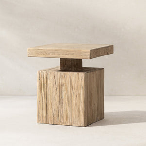 English Elm Calder Reclaimed Elm Block Plinth Side Table Sculptural Solid Wood Accent B2719P474461