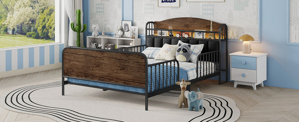 English Elm Full Solid Wood Kids Platform Bed with Guardrail, Low-Profile Durable Pine & MDF, 350LB Capacity Black 58.27 L x 16.93 W x 9.65 H W2593P337445