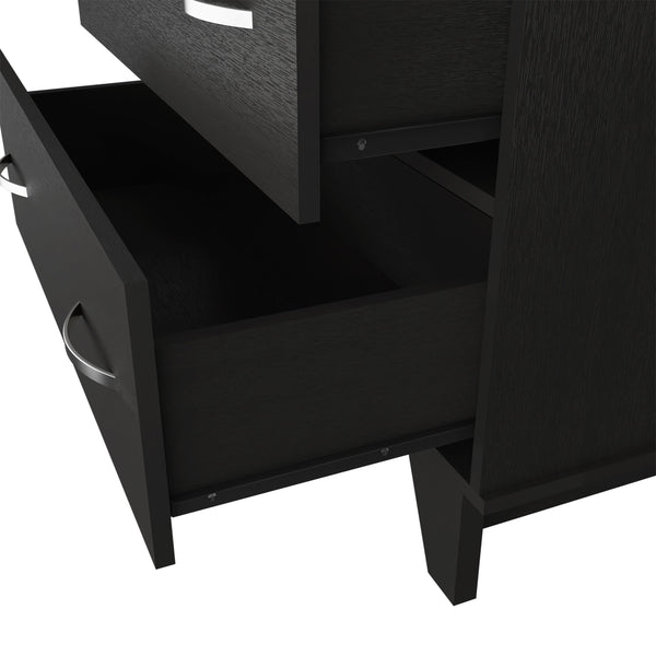 English Elm Portobelo modern two-drawer dresser with open shelves, sturdy top & four legs for stylish storage and display Black 36 L x 21 W x 4 H B128S00109