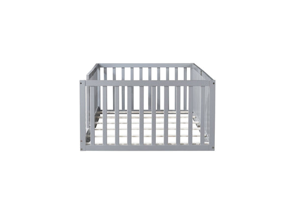 English Elm Twin House Frame Floor Bed Rubberwood with Roof Canopy and Safety Rails for Kids Grey W504P429529