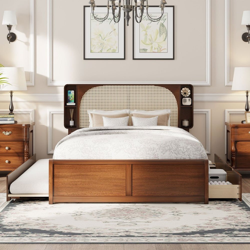 English Elm Queen Size Rattan Headboard Bed With Trundle, Drawers & Elegant Walnut Finish For Versatile Style N820S00013D-GIGA