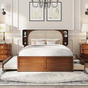 English Elm Queen Size Rattan Headboard Bed With Trundle, Drawers & Elegant Walnut Finish For Versatile Style N820S00013D-GIGA