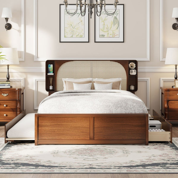 English Elm Queen Size Rattan Headboard Bed With Trundle, Drawers & Elegant Walnut Finish For Versatile Style N820S00013D-GIGA