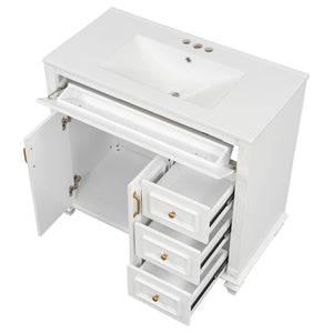 English Elm 36" Modern Bathroom Vanity with Ceramic Sink, Gold Handles, Flip-Out Drawer & Soft-Close Doors White N725P283623K