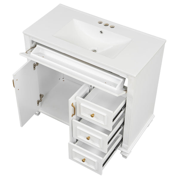 English Elm 36" Modern Bathroom Vanity with Ceramic Sink, Gold Handles, Flip-Out Drawer & Soft-Close Doors White N725P283623K