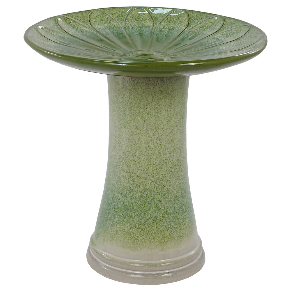 English Elm 17'' Hand-Glazed Ceramic Bird Bath Ombre Green with Floral Motif, Lightweight Durable 20.48"H Pedestal W3273P371882
