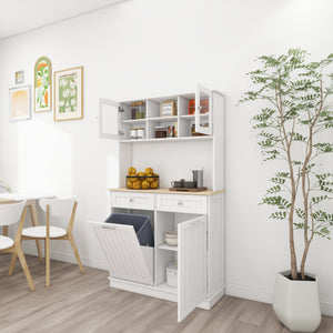 English Elm 67.7" Tall Kitchen Trash Can Storage Cabinet with Tilt-Out Bin, 3 Adjustable Shelves, 2 Drawers, White W282P182326
