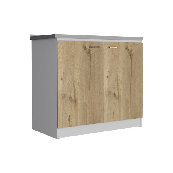 English Elm Freestanding Sink Cabinet With Double Doors & Two Shelves In White And Light Oak For Modern Kitchens B097S00137