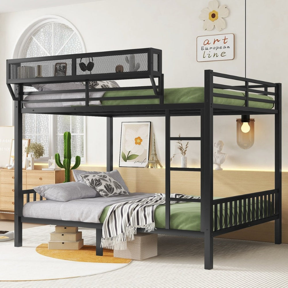 English Elm Queen Over Queen Metal Bunk Bed With Sturdy Ladder, Storage Shelf & Stylish Black Finish For Teens W2580S00043-GIGA