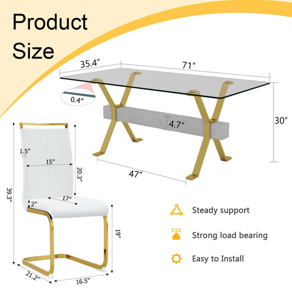 English Elm Table Elegant Transparent Glass Dining Set - 71"X35.4" With 8 White Pu Chairs & Golden Legs W1151S02360-GIGA