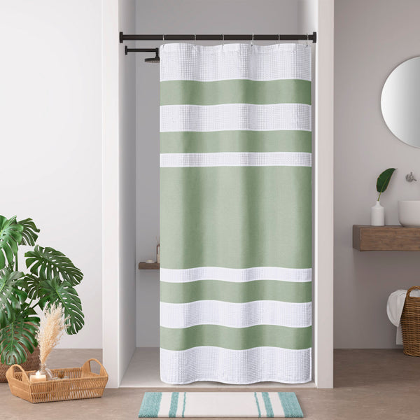 JLA Home Madison Park - Shower Waffle Curtain with 3M Scotchgard — Textured Stripe, Heathered Spa Look, Water-Repellent Finish Sage Green MP70-8566