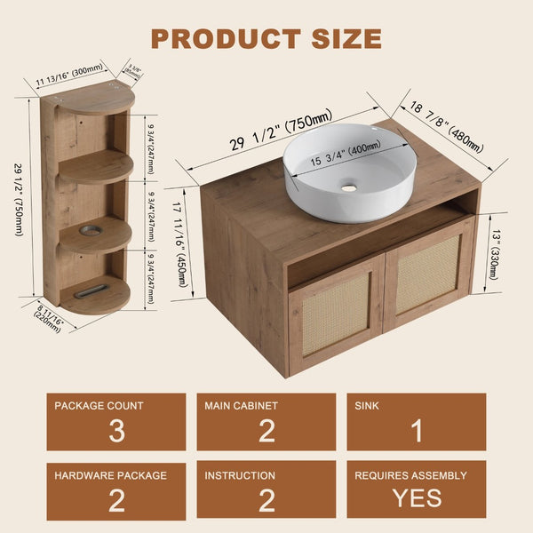 English Elm 30" Floating Bathroom Vanity Oak Finish Ceramic Vessel Sink Soft Close Plywood Cabinet W999S00501
