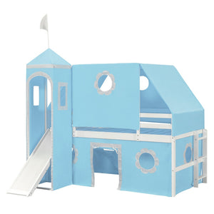 English Elm Twin Castle Loft Bed with Slide Tent Tower and Play Space for Kids Rooms Blue N708P249511C