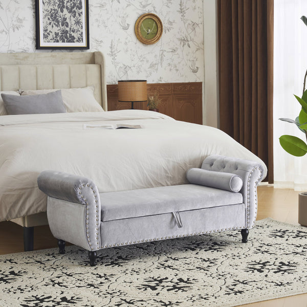 English Elm Christopher Knight Home® - Velvet Luxe Storage Ottoman Bench with Nailhead Trim and Plush Cushion — Durable, Spacious Seating Grey N769P186110G
