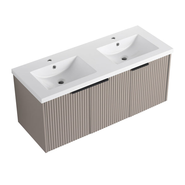 English Elm 48" Modern Wall-Mounted Bathroom Vanity With Double Sink, Soft-Close Doors & Stylish Wavy Panels W999S00353